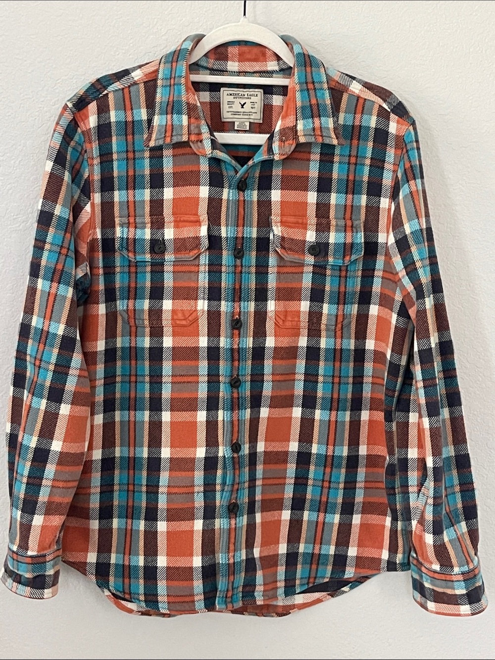 American Eagle Men’s L Plaid Flannel Shirt 100% Cotton Button Front